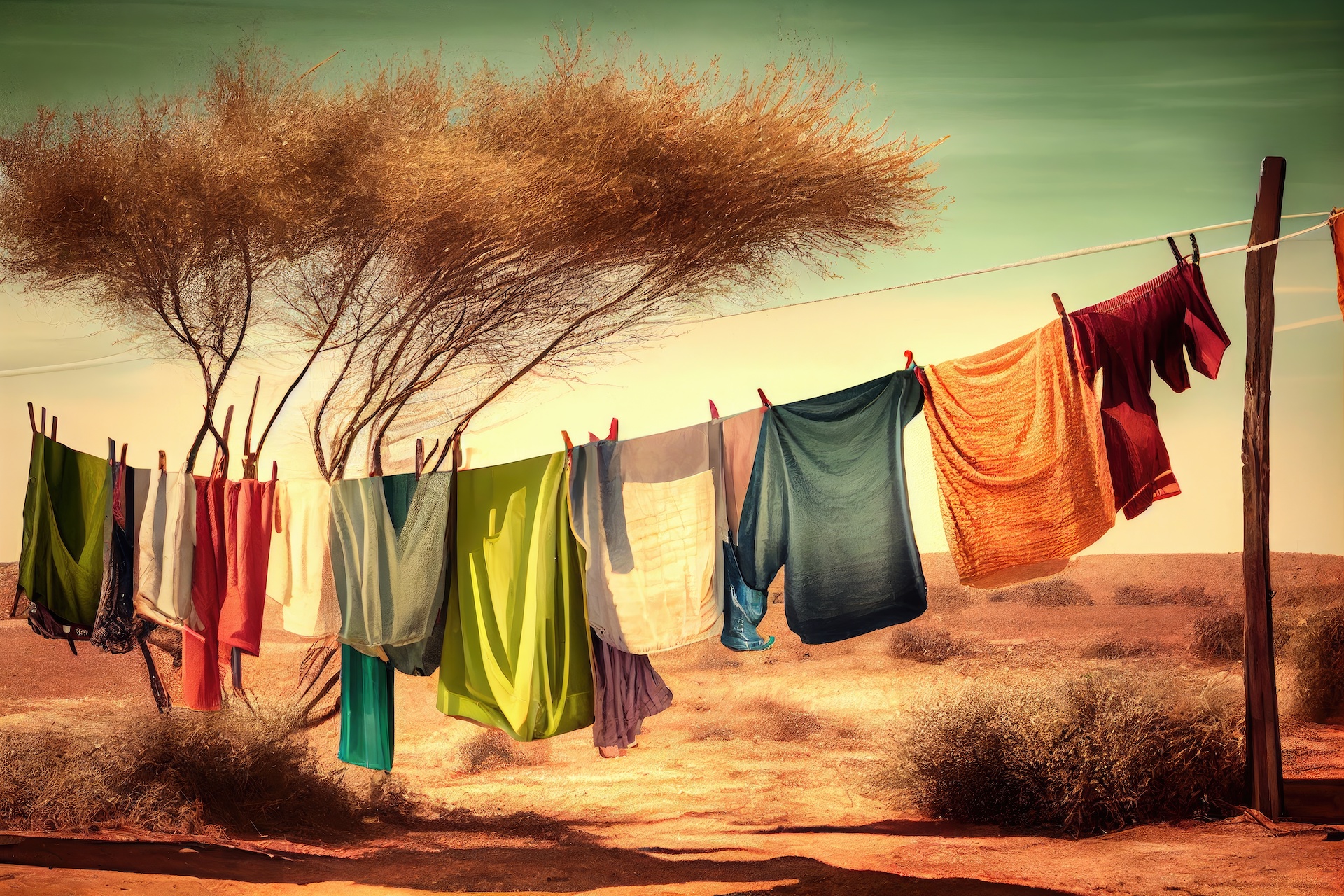 Clothes hang dried outside on a rope with tree behind.jpg
