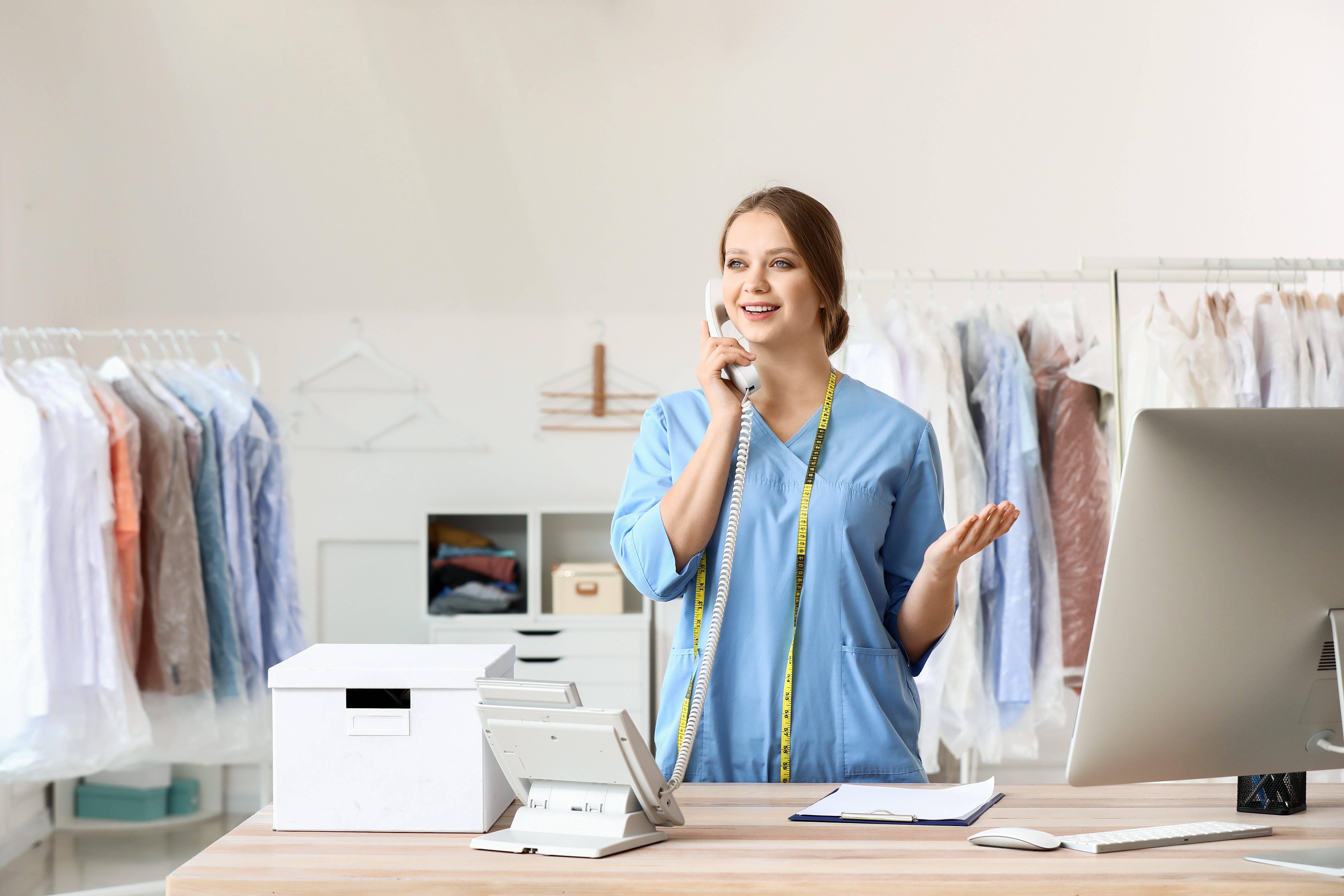 Woman calling using business laundry service.jpg